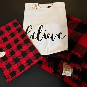 Plaid tree skirt, table runner and blanket scarf